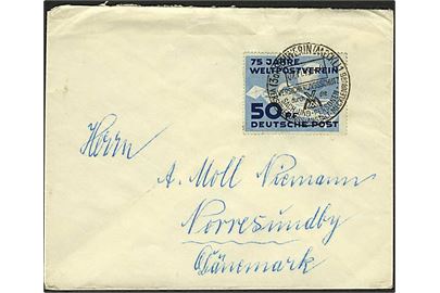 50 pfg. Verdenspostforening single på brev fra Schwerin d. 7.11.1949 til Nørresundby, Danmark.