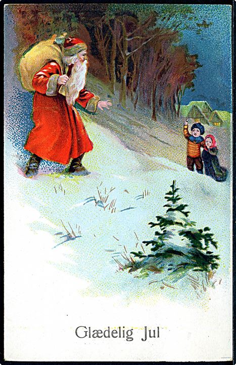 Julekort med Julemand der bliver opdaget af 2 børn. Ukendt tegner. RPH. no. 1548.