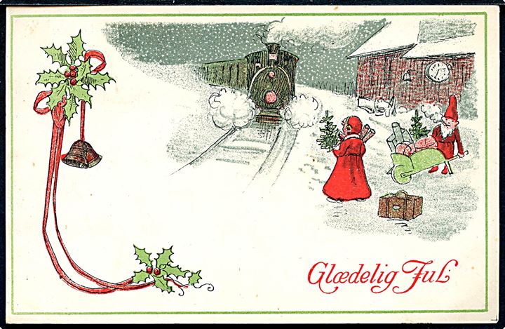 Julekort med jernbanestation. Nisse og barn venter på toget. Ukendt tegner. A. Vincent no. 340/5.