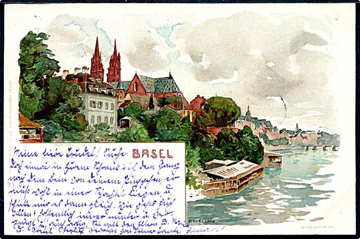 Basel. Tegnet kort i Grüss Aus stil. Tegnet af F. Voellmy. Velten's Kunstpostkarte no. 75.