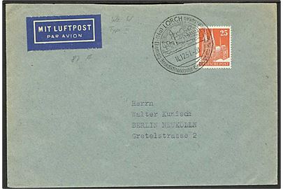 25 pfg. Bygning single på indenrigs luftpostbrev fra Lorch d. 14.12.1951 til Berlin.
