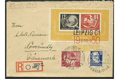 Debria blok, 16 pfg. Virchow og 30 pfg. 1. Maj udg. på anbefalet brev fra Leipzig d. 30.8.1950 til Nørresundby.
