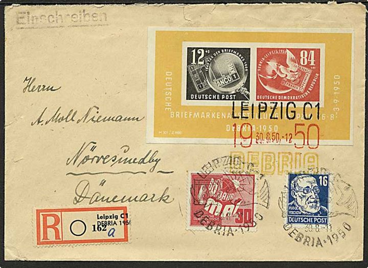 Debria blok, 16 pfg. Virchow og 30 pfg. 1. Maj udg. på anbefalet brev fra Leipzig d. 30.8.1950 til Nørresundby.