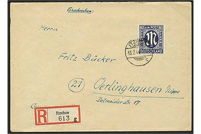 Bizone. 80 pfg. single på overfrankeret anbefalet brev fra Itzehoe d. 13.2.1946 til Oerlinghausen. AFA mærkepris: 3000,-