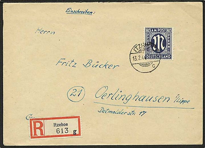 Bizone. 80 pfg. single på overfrankeret anbefalet brev fra Itzehoe d. 13.2.1946 til Oerlinghausen. AFA mærkepris: 3000,-
