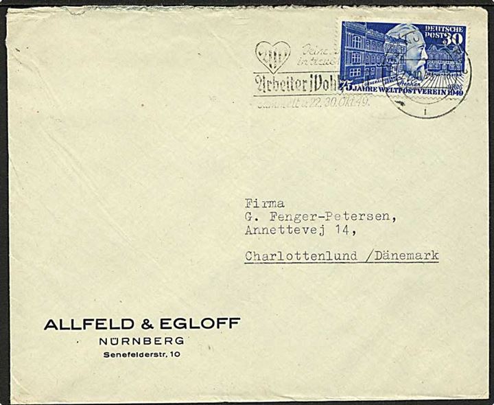 30 pfg. Verdenspostforening single på brev fra Nürnberg d. 22.10.1949 til Charlottenlund, Danmark. AFA mærkepris: 450,-