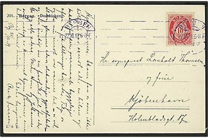 10 øre Posthorn på brevkort annulleret med VIOLET maskinstempel Bergen d. 22.12.1919 til København, Danmark.