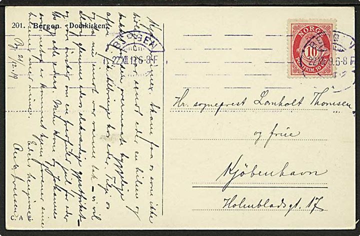 10 øre Posthorn på brevkort annulleret med VIOLET maskinstempel Bergen d. 22.12.1919 til København, Danmark.