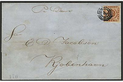 4 sk. 1858 udg. på dampskibsbrev fra Aalborg annulleret med nr.stempel 1 og på bagsiden sidestemplet Kiøbenhavn d. 30.8.185x til Kjøbenhavn. Påskrevet: pr. Dania.