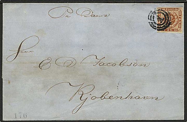 4 sk. 1858 udg. på dampskibsbrev fra Aalborg annulleret med nr.stempel 1 og på bagsiden sidestemplet Kiøbenhavn d. 30.8.185x til Kjøbenhavn. Påskrevet: pr. Dania.