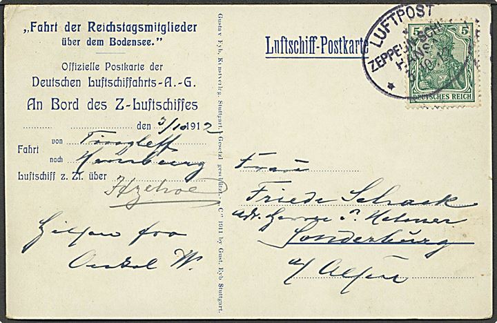 5 pfg. Germania på Luftschiff-Postkarte annulleret med ovalt stempel Luftpost Zeppelin-Schiff Hansa d. 3.10. 1912 til Sønderborg. Fra LZ13 “Hansa” flyvning fra Tinglev til Hamburg. Sjælden sønderjysk Zeppelinpost. 