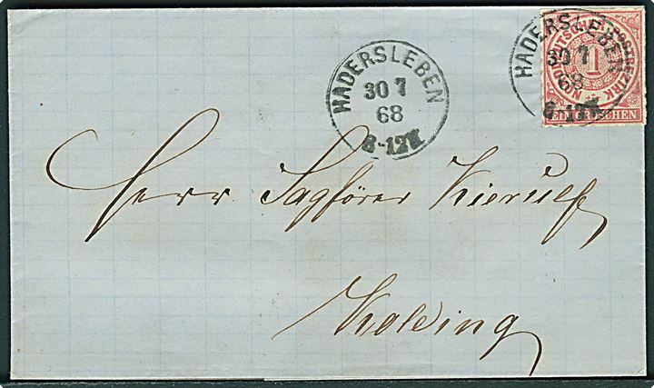 Norddeutscher Postbezirk 1 gr. på grænseporto brev fra Hadersleben d. 30.7.1868 til Kolding, Danmark. Tidlig grænseporto.