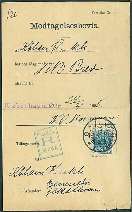 4 øre Tofarvet på Modtagelsesbeviis for anbefalet lokal-brev annulleret med lapidar Kbhvn. Nørrebro d. 13.11. 1878. Sjælden formular. 