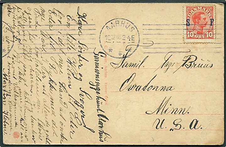 10 øre Soldaterfrimærke på brevkort dateret Garnisions-sygehuset stemplet Aarhus d. 10.12.1918 til Owatonna, Minn., USA. Sjælden anvendelse af soldaterfrimærke til udlandet. 