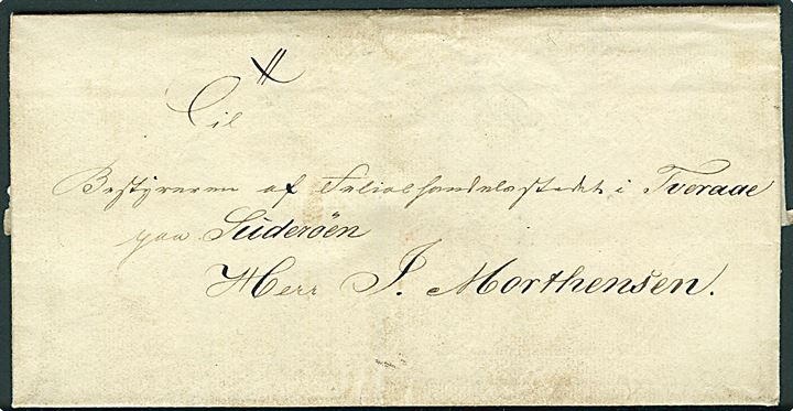 1850. Foldebrev med delvist indhold dateret i Thorshavn d. 24.11.1850 til Handelspladsen i Tveraae paa Suderöen. Underskrevet af Kauffeldt som var handelsforvalter på Færøerne.