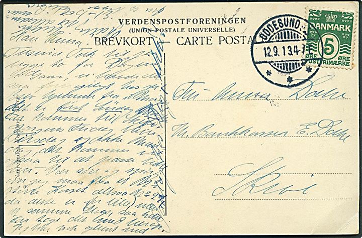 5 øre Bølgelinie på brevkort annulleret med tydeligt brotype Ia Oddesund s. S. d. 12.9.1913 til Skive. Vanskeligt stempel.