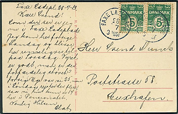 5 øre Bølgelinie i parstykke på brevkort annulleret med lapidar Faxe Ladeplads d. 28.7.1913 til Cuxhafen, Tyskland. Lapidar stempel benyttet som reservestempel i perioden 25.7.-2.8.1913 hvor brotype Ia Faxe Ladeplads stempel blev omdannet til brotype IIb. Sjælden.