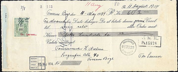 50 øre Stempelmærke med perfin “BE” (Brødrene Dahl, Odense) på veksel dateret i Fruens Bøge d. 11.5.1934. Sjælden perfin, men stor rift i mærke.