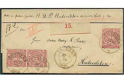 Norddeutscher Postbezirk 1 kr. (3) på pakkefølgebrev for pakke med angivet værdi annulleret med toringsstempel Tondern d. 22.12.1870 til Hadersleben.