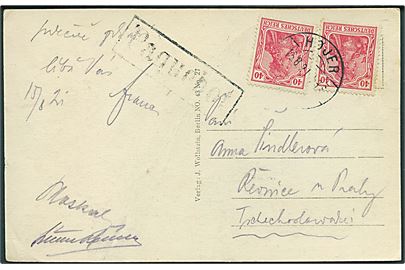 Tysk 40 pfg. Germania (2) på brevkort fra Westerland på Sylt annulleret med brotype Vb Højer B. d. 15.8.1921 og sidestemplet “Paquebot” til Tjekkoslovakiet. Tidligst registrerede dato. Meget sjælden skibspoststempel.
