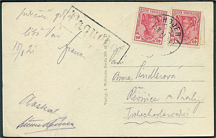 Tysk 40 pfg. Germania (2) på brevkort fra Westerland på Sylt annulleret med brotype Vb Højer B. d. 15.8.1921 og sidestemplet “Paquebot” til Tjekkoslovakiet. Tidligst registrerede dato. Meget sjælden skibspoststempel.