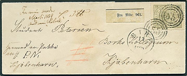 16 sk. Krone/Scepter gråoliven 2. tryk single på pakke-følgebrev annulleret med nr.stempel “55” og sidestemplet antiqua Ribe d. 13.3.1869 til Kjøbenhavn. 