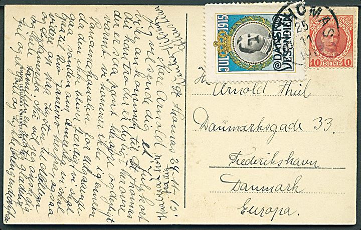 10 bit Fr. VIII og Julemærke 1915 på brevkort (Udsigt over St. Thomas havn) fra St. Thomas d. 25.11.1915 til Frederikshavn, Danmark. Julemærke yderligt placeret.