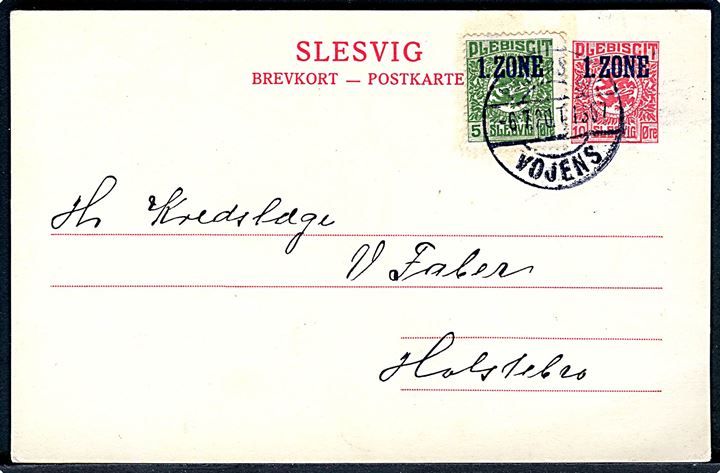 10 øre 1. Zone helsagsbrevkort opfrankeret med 5 øre 1. Zone udg. annulleret med bureaustempel Haderslev - Vojens T.1367 d. 6.7.1920 til Holstebro. Uden meddelelse.