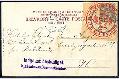 3 øre Bølgelinie på lokalt brevkort i Kjøbenhavn d. 31.10.1906. Påsat pergamyn oblat fra Kiøbenhavns Overpostmesterembede / Brevpostkontoret og stemplet: “Indgaaet beskadiget / Kjøbenhavns Brevpostkontor”.