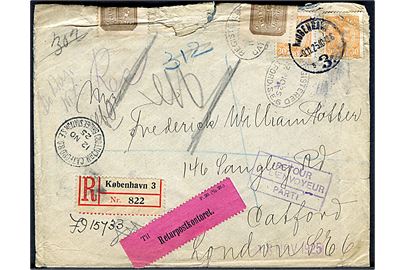 30 øre Chr. X (2) på anbefalet brev fra Kjøbenhavn d. 9.11.1925 til Catford, England. Retur som “afrejst” via Returpostkontoret med to brune returmærker. Kuvert noget slidt.