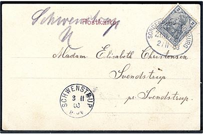 2 pfg. Germania på lokalt brevkort annulleret med bureau stempel Sonderburg - Norburg Zug 2 d. 2.11.1903 og både håndskrevet bynavn “Schwenstrup” og stempel Schwenstrup d. 3.11.1903. Eksempel på påskrevet bynavn på lokalpost annulleret i jernbanebureau.