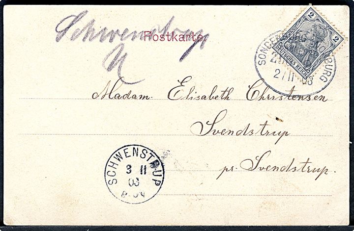 2 pfg. Germania på lokalt brevkort annulleret med bureau stempel Sonderburg - Norburg Zug 2 d. 2.11.1903 og både håndskrevet bynavn “Schwenstrup” og stempel Schwenstrup d. 3.11.1903. Eksempel på påskrevet bynavn på lokalpost annulleret i jernbanebureau.