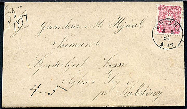 10 pfg. Adler på GRÆNSEPORTO brev annulleret med 1 ringsstempel Woyens d. 5.5.1884 til Agtrup By pr. Kolding, Danmark.