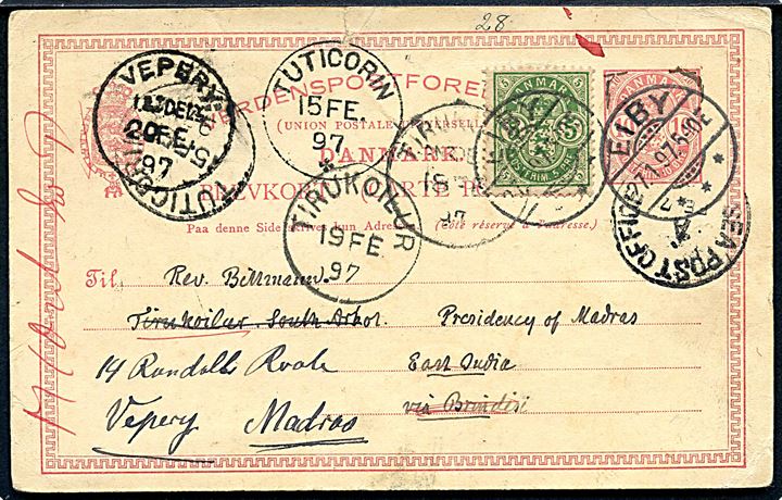 10 øre Våben helsagsbrevkort opfrankeret med 5 øre Våben til 15 øre oversøtakst annulleret Eiby d. 27.1.1897 via Sea Post Office og Tuticorin til dansk missionær i Tirukoilur, Indien - eftersendt til Vepery. Dekorativ.