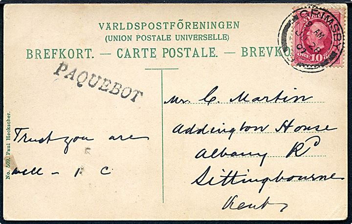 10 öre Gustaf på brevkort annulleret med engelsk stempel i Grimsby d. 28.7.1907 og sidestemplet “Paquebot” til Sittingbourne, England. Flot objekt.