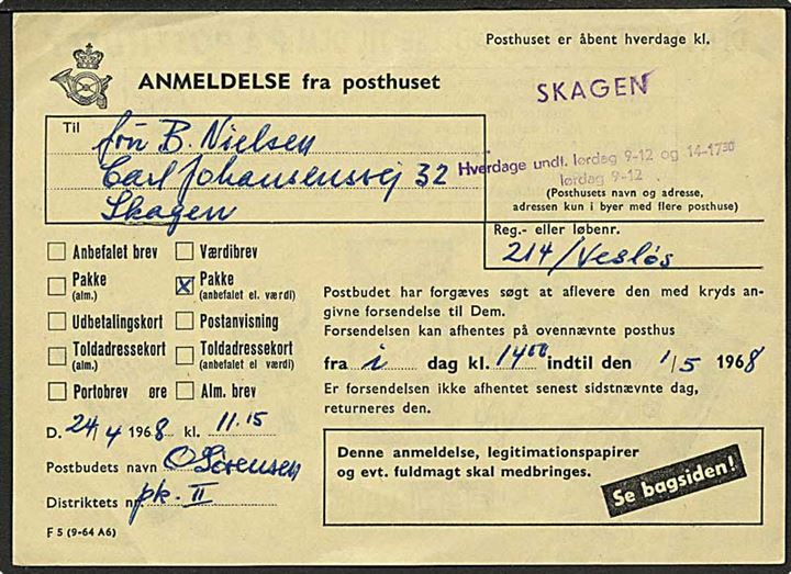 Anmeldelse - F5 (9-64 A6) med postreklamer på bagsiden - for pakke til afhentning på Skagen Postkontor d. 1.5.1968.
