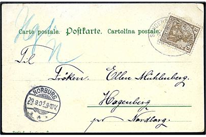2 pfg. Germania på lokalt brevkort annulleret med bureau stempel Sonderburg - Norburg Zug 2 d. 29.9.1902 til Hagenberg pr. Nordborg. Håndskrevet“Hbg” (Hagenberg / Havnbjerg). Eksempel på påskrevet bynavn på lokalpost annulleret i jernbanebureau.