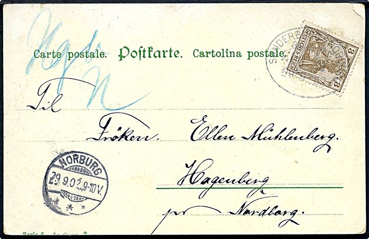 2 pfg. Germania på lokalt brevkort annulleret med bureau stempel Sonderburg - Norburg Zug 2 d. 29.9.1902 til Hagenberg pr. Nordborg. Håndskrevet“Hbg” (Hagenberg / Havnbjerg). Eksempel på påskrevet bynavn på lokalpost annulleret i jernbanebureau.