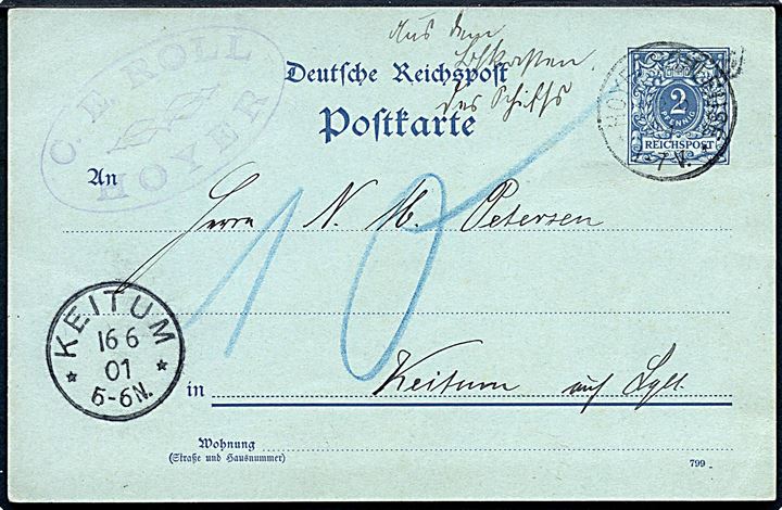 2 pfg. helsagsbrevkort fra Hoyer stemplet Hoyerschleuse d. 15.6.1901 og påskrevet “Aus dem Briefkasten der Schiffs” til Keitum på Sylt. Udtakseret i 10 pfg. porto. Usædvanlig skibspost.