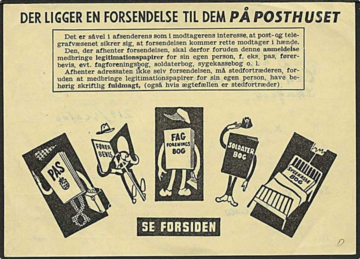 Anmeldelse - F5 (9-64 A6) med postreklamer på bagsiden - for pakke til afhentning på Skagen Postkontor d. 1.5.1968.