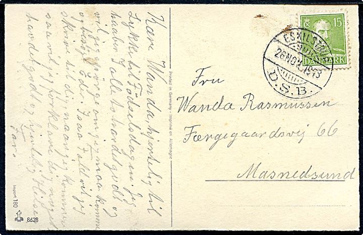15 øre Chr. X på brevkort fejlagtigt annulleret med D.S.B. brotype Ig stempel Eskilstrup D.S.B. d. 26.11.1948 til Masnedsund. 