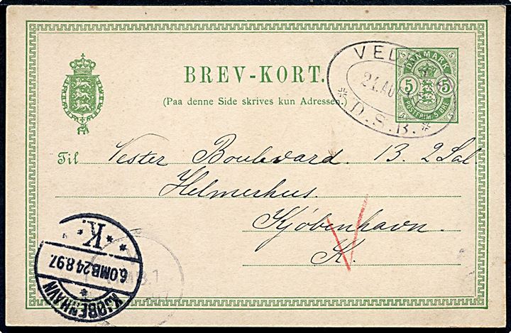 5 øre Våben helsagsbrevkort annulleret med ovalt jernbanestempel VEDBÆK * D.S.B. * d. 24.8.1897 til Kjøbenhavn. Stempel kendes anvendt som forløber (8.-25.8.) for brotype Ia Vedbæk som blev leveret d. 31.8.