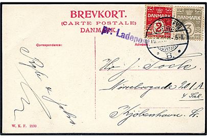 2 øre og 3 øre Bølgelinie på brevkort fra Herlufsholm pr. Næstved annulleret Kjøbenhavn *B.* d. 19.3.1907 og sidestemplet med violet liniestempel “pr. Ladepost” (33 mm) til København. Registreret anvendt 1905-1908.