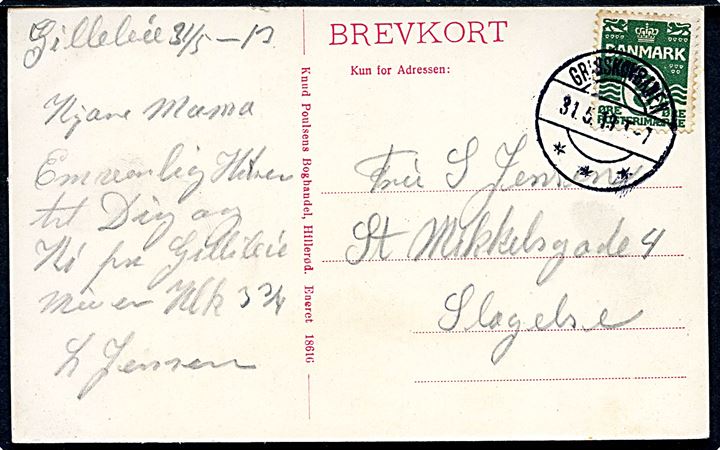 5 øre Bølgelinie på brevkort (Gilleleje) annulleret med bureaustempel Gribskovbanen T.7 d. 31.5.1913 til Slagelse. 