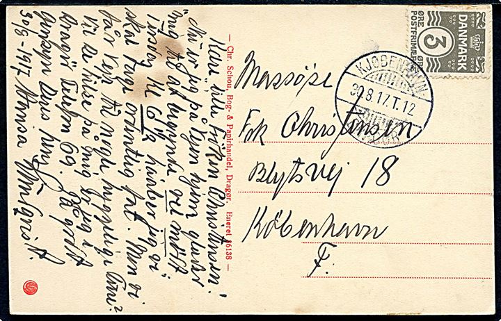 3 øre Bølgelinie på lokalt brevkort (Dragør havn) med bureaustempel Kjøbenhavn - Dragør T.12 d. 30.8.1917 til København F.
