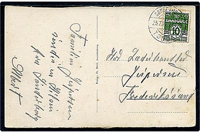 10 øre Bølgelinie på brevkort fra Sønderborg annulleret med bureaustempel Sønderborg - Tønder “.” T.1420 d. 25.7.1927 til Frederikssund. Sjældent bureaustempel med “1 prik” kun anvendt i perioden 28.1.1926-13.11.1927.