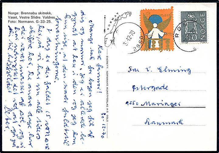 Norsk 50 øre Knob og dansk Julemærke 1970 på brevkort stemplet i Røn d. 31.12.1970 til Mariager, Danmark.