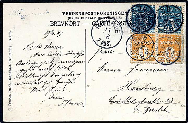 1 øre (2) og 4 øre (2) Bølgelinie på brevkort (Kjelds Nor fyr) annulleret med stjernestempel SØNDENBRO og sidestemplet lapidar Humble d. 11.6.1909 til Hamburg, Tyskland. Stjernestempel benyttet ca. ½ år tidligere end registreret af Bendix.