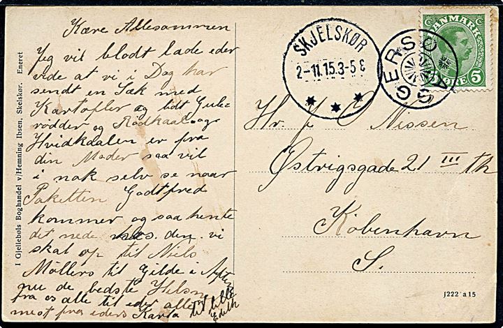5 øre Chr. X på brevkort (Dampskibet “Skelskør”) annulleret med tydeligt stjernestempel AGGERSØ og sidestemplet Skjelskør d. 2.11.1915 til København. Stjernestempel benyttet ca. 1 uge senere end registreret af Bendix.