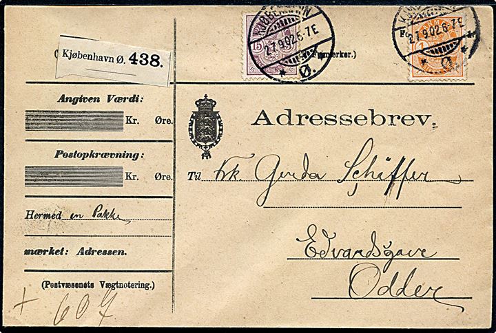 1 øre og 15 øre Våben på 16 øre frankeret adressekort for pakke fra Kjøbenhavn d. 27.9.1902 til Edvardsgave pr. Odder. Sendt få dage inden takstnedsættelsen til 15 øre. 